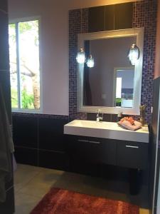 a bathroom with a sink and a mirror at Finca Colibri in Boca Chica