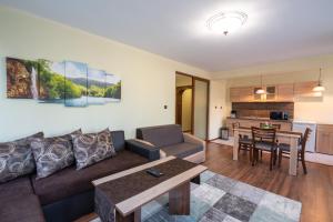 ein Wohnzimmer mit Sofa und Tisch in der Unterkunft Family Hotel Preslav in Weliki Preslaw