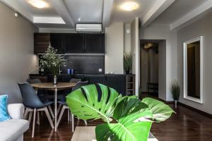 salon ze stołem i rośliną w obiekcie Apartamenty na Starówce / Old Town apartments w Toruniu