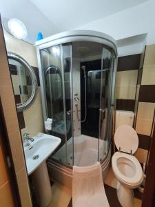 uma casa de banho com um chuveiro, um WC e um lavatório. em My Little Room em Constança