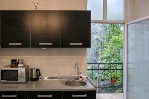 una cocina con fregadero y microondas en Natalie's Place, en Belgrado