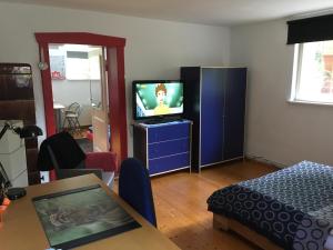 柏林的住宿－Ferienwohnung Lichterfelde Apartment，一个小客厅配有电视和一张桌子