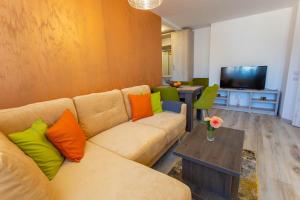 a living room with a couch and a television at Apartamente Primaverii 2 in Buşteni