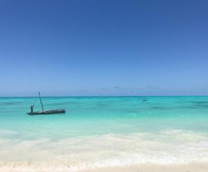 a boat sitting in the water on a beach at Stay House in Jambiani