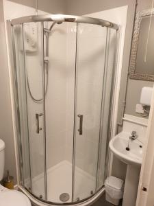 een douche in een badkamer met een toilet en een wastafel bij The Harnser in Stalham