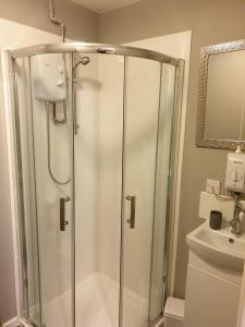 een douche met een glazen deur in de badkamer bij The Harnser in Stalham