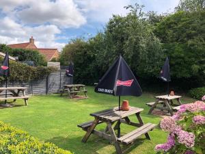 a group of picnic tables with an umbrella on the grass at The Harnser in Stalham