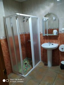 a bathroom with a shower and a sink at Hostal Restaurante El Parador in Alcaracejos