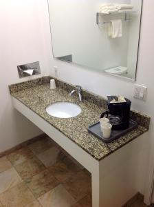 a bathroom counter with a sink and a mirror at Humboldt Redwoods Inn in Garberville