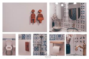 uma colagem de fotos de uma casa de banho com azulejos azuis e brancos em A Day inn Ranong Hostel em Ranong