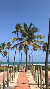 un camino con palmeras en la playa en village na praia do forte, en Praia do Forte