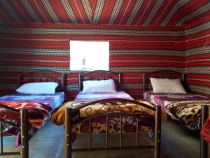 a room with two beds and a striped wall at Moon city camp in Wadi Rum +173 photos