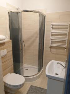 W łazience znajduje się prysznic, toaleta i umywalka. w obiekcie motel na stacji paliw w mieście Ustronie Morskie
