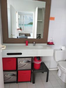 a bathroom with a sink and a mirror at Studio avec GRANDE PISCINE, PLAGE Vanille Caraïbes in Saint-François