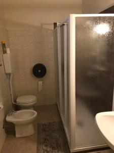 W łazience znajduje się prysznic, toaleta i umywalka. w obiekcie Hotel centrale w mieście Cortemaggiore