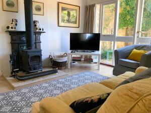 uma sala de estar com lareira e televisão em The View Cottage - Tennis Court - Nr Frome, Longleat em Frome