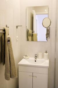 ein weißes Badezimmer mit Waschbecken und Spiegel in der Unterkunft Typical Village Oporto 24 in Porto