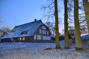 a barn with snow on the ground next to trees at Deichkind - Reetdachhaus direkt am Elbdeich in Mödlich