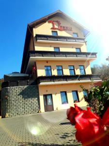 Um edifício com uma rosa vermelha à frente. em Hotel Dennis em Mediaş