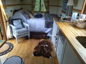 a dog is laying on the floor in a kitchen at Glamping Malvern shepherd hut in Malvern Link