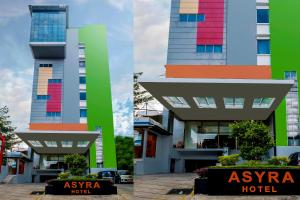 two pictures of a building with a hotel at SUPER OYO Capital O 472 Hotel Asyra in Makassar
