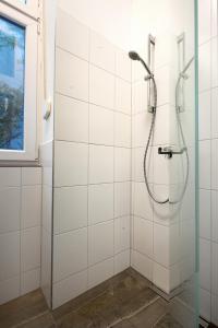 eine Dusche mit Glastür im Badezimmer in der Unterkunft Newton-Appartement mit 3 Schlafzimmern in Berlin