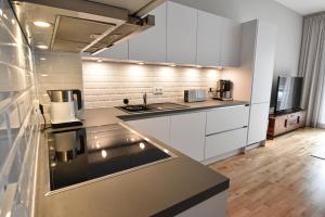 ライプツィヒにある100 qm Luxus Industrial Apartmentのキッチン(白いキャビネット、黒いカウンタートップ付)