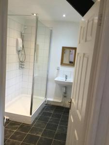a bathroom with a shower and a sink at Plume of Feathers in Blagdon