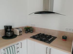 a kitchen counter with a stove and a coffeemaker at Esprit Cottage "4 étoiles" sables d'Or les pins in Plurien