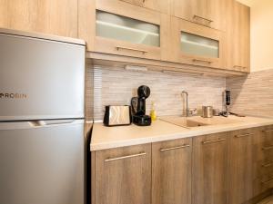 uma cozinha com armários de madeira e um frigorífico de aço inoxidável em DK Mini Suites A em Tessalónica