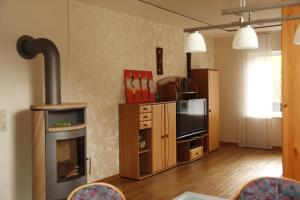 sala de estar con chimenea y TV en Ferienwohnug Zur alten Eiche, en Bad Endbach