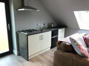 a kitchen with a stove and a sink and a couch at Lakeside Studio 1 Loft Apartment in Enniskillen
