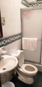 La salle de bains est pourvue de toilettes blanches et d'un lavabo. dans l'établissement Hotel Huasi Continental, à Quito