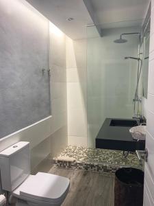 La salle de bains est pourvue d'une douche, de toilettes et d'un lavabo. dans l'établissement Alojamientos 4nudos, à San José