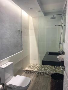 a bathroom with a shower and a toilet and a sink at Alojamientos 4nudos in San José