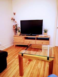 een woonkamer met een flatscreen-tv op een tafel bij Montreal Authentic appartment in Montreal