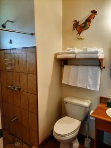 a bathroom with a toilet and a rooster on the wall at Marita's Bed and Breakfast in Nuevo Arenal