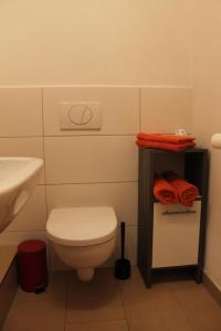 a bathroom with a white toilet and a sink at Ferienoase Kleine Perle in Pirna