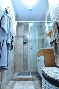 a shower with a glass door in a bathroom at Belvedere Studio in Tulcea