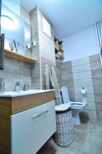 a bathroom with a white sink and a toilet at Belvedere Studio in Tulcea