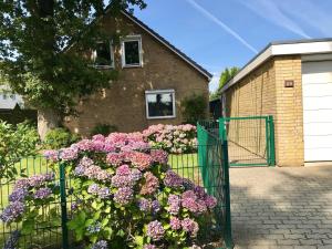 einen Zaun mit rosa Blumen vor einem Haus in der Unterkunft Ferienhaus "Auf dem Bremsberg" in Glücksburg