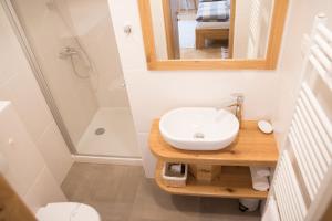 a bathroom with a sink and a mirror and a shower at Bed & Breakfast Dvorec in Petrovče