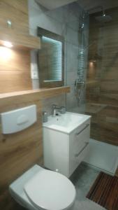 a bathroom with a toilet and a sink and a shower at apartament z widokiem na jezioro in Mikołajki