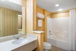 a bathroom with a toilet, sink, and shower at Four Seasons Island Resort in Pembine