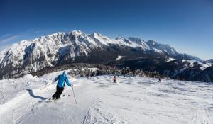 a group of people skiing down a snow covered mountain at CASA MATTEOTTI Mezzana Trentino in Mezzana
