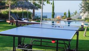 una mesa de ping pong frente a una piscina en Velvet Breeze Superior Villa, en Stavromenos