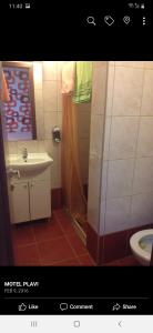 a bathroom with a shower and a sink and a toilet at Motel Plavi in Mračaj