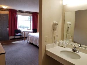 Una habitación de hotel con lavabo y dormitorio. en TravelStar Inn & Suites, en Colorado Springs 7 fotos más