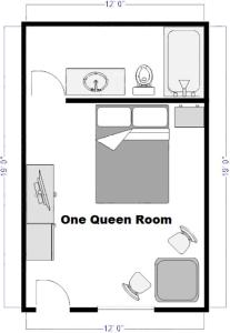 a floor plan of a one queen room at City Center Motel in West Yellowstone