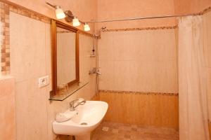 y baño con lavabo blanco y ducha. en Pension Dinu Residence, en Timisoara